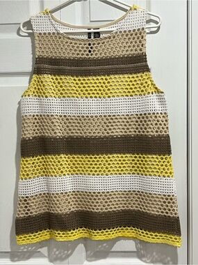 Skye's the Limit Yellow, White & Brown Crochet Stripe Tank